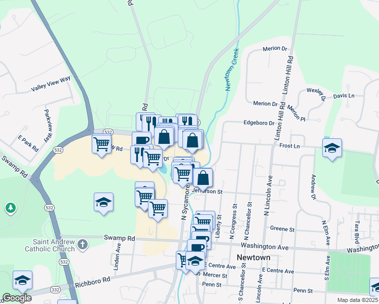 map of restaurants, bars, coffee shops, grocery stores, and more near 228 North Sycamore Street in Newtown