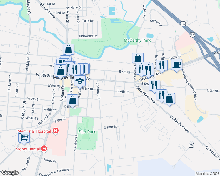map of restaurants, bars, coffee shops, grocery stores, and more near 603 East 6th Street in Marysville