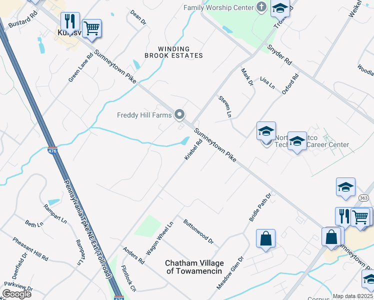 map of restaurants, bars, coffee shops, grocery stores, and more near 1532 Kriebel Road in Lansdale