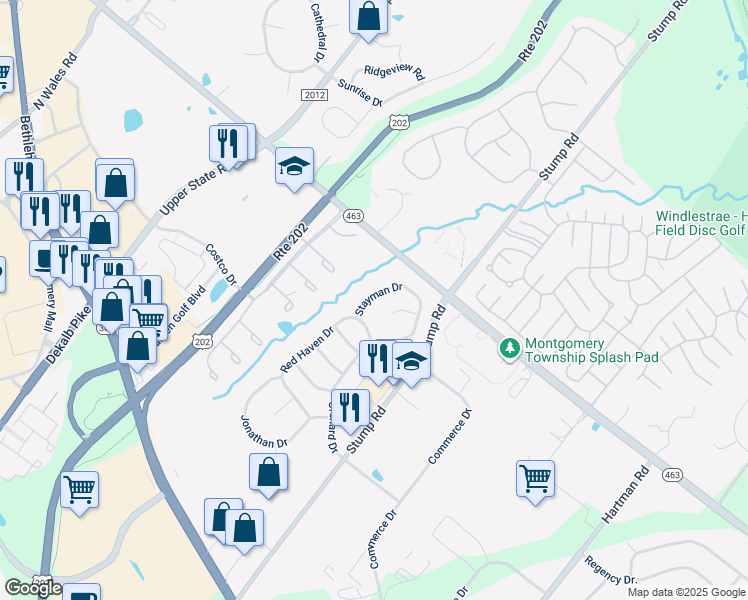map of restaurants, bars, coffee shops, grocery stores, and more near 108 Stayman Drive in North Wales