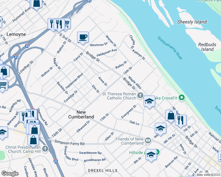 map of restaurants, bars, coffee shops, grocery stores, and more near 336 16th Street in New Cumberland