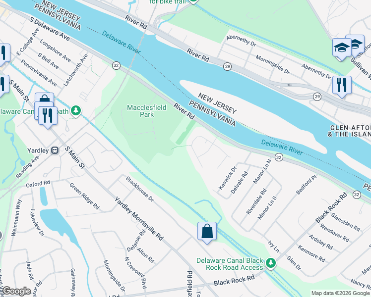 map of restaurants, bars, coffee shops, grocery stores, and more near 897 Slate Hill Road in Yardley
