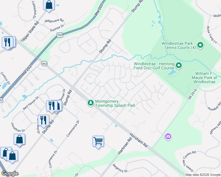 map of restaurants, bars, coffee shops, grocery stores, and more near 285 Winding Brook Run in North Wales