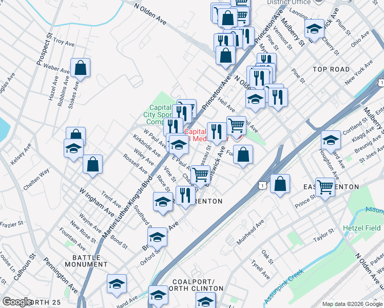 map of restaurants, bars, coffee shops, grocery stores, and more near 12 Dexter Street in Trenton