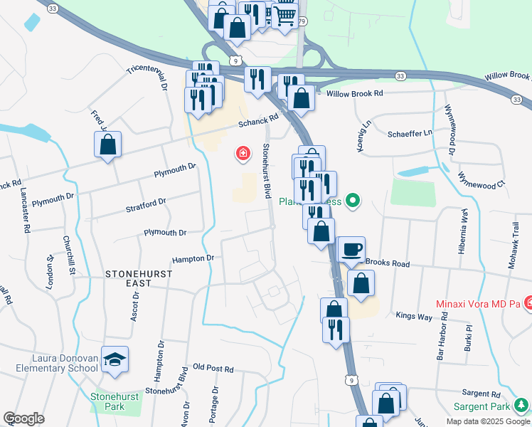 map of restaurants, bars, coffee shops, grocery stores, and more near 2 Windsor Terrace in Freehold