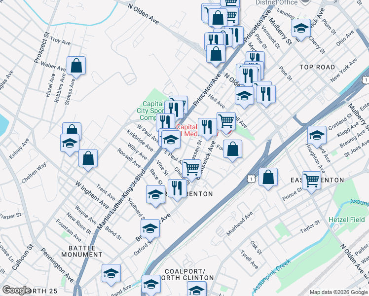 map of restaurants, bars, coffee shops, grocery stores, and more near 12 Dexter Street in Trenton