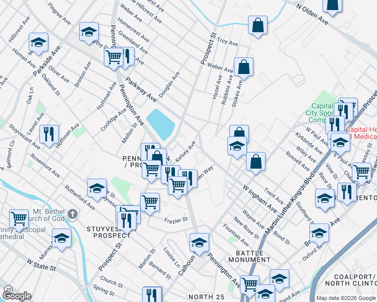 map of restaurants, bars, coffee shops, grocery stores, and more near 400 Pennington Avenue in Trenton