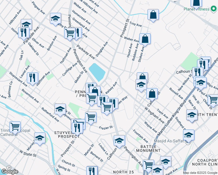 map of restaurants, bars, coffee shops, grocery stores, and more near 22 Kelsey Avenue in Trenton
