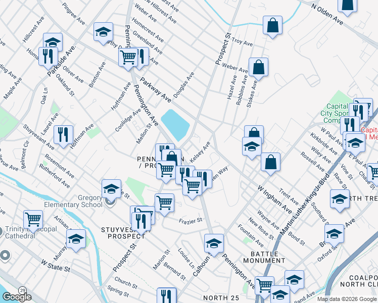 map of restaurants, bars, coffee shops, grocery stores, and more near 22 Kelsey Avenue in Trenton