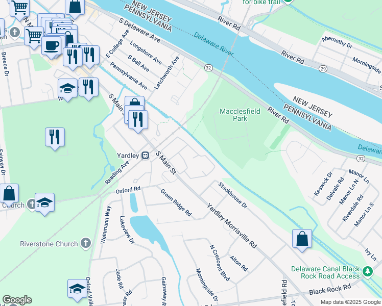 map of restaurants, bars, coffee shops, grocery stores, and more near 710 Yardley Cmns in Yardley