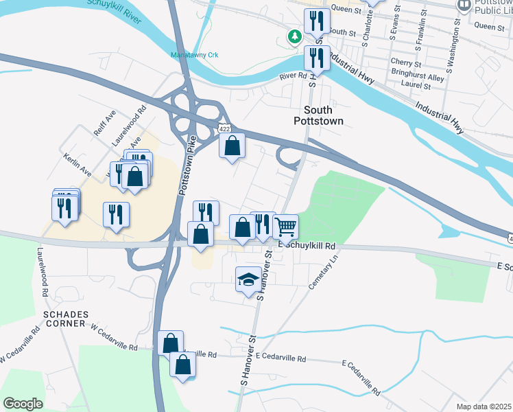 map of restaurants, bars, coffee shops, grocery stores, and more near 620 Kline Avenue in Pottstown