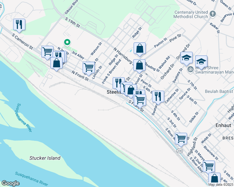 map of restaurants, bars, coffee shops, grocery stores, and more near 51 North Front Street in Steelton