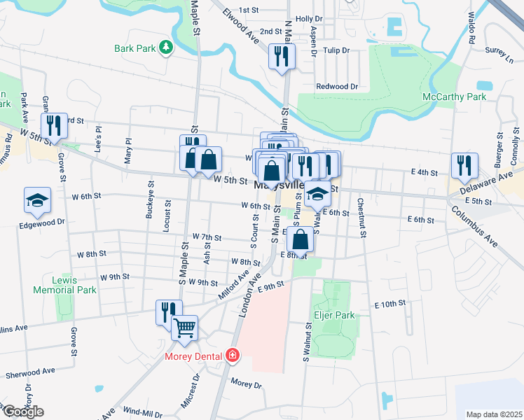 map of restaurants, bars, coffee shops, grocery stores, and more near 207 South Court Street in Marysville