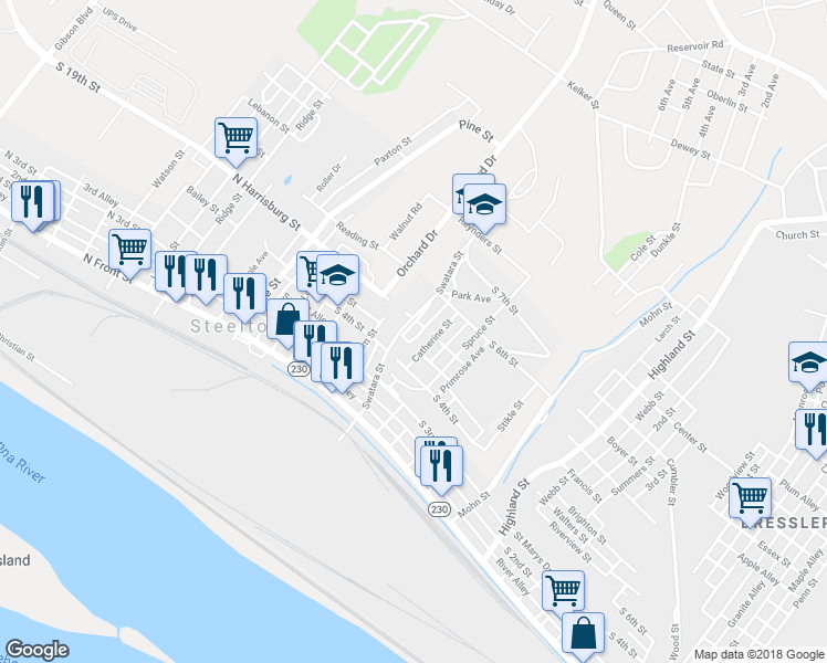 map of restaurants, bars, coffee shops, grocery stores, and more near 350 Swatara Street in Steelton