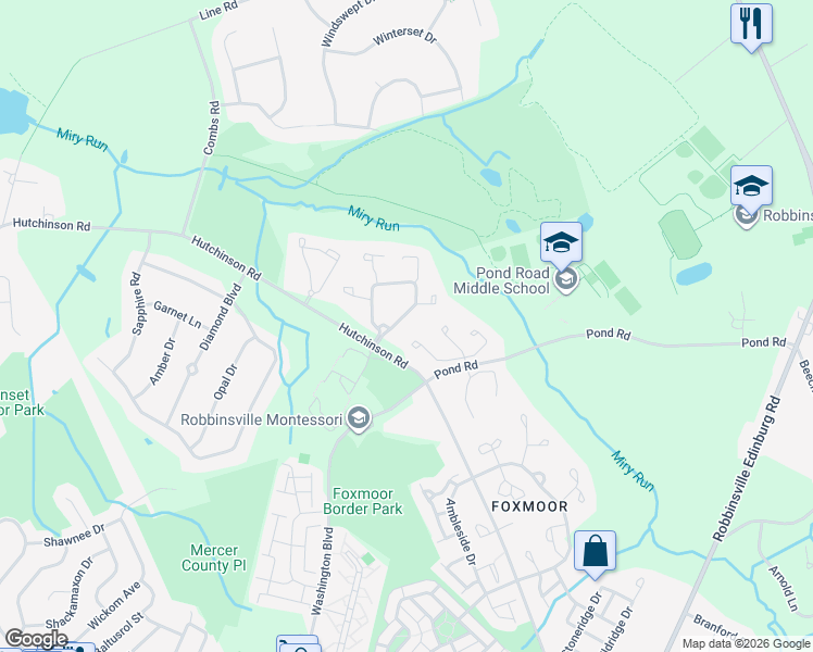 map of restaurants, bars, coffee shops, grocery stores, and more near 8 Chadwick Court in Robbinsville Township