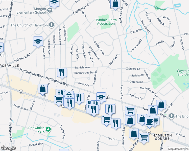 map of restaurants, bars, coffee shops, grocery stores, and more near 56 Jonathan Drive in Hamilton Township