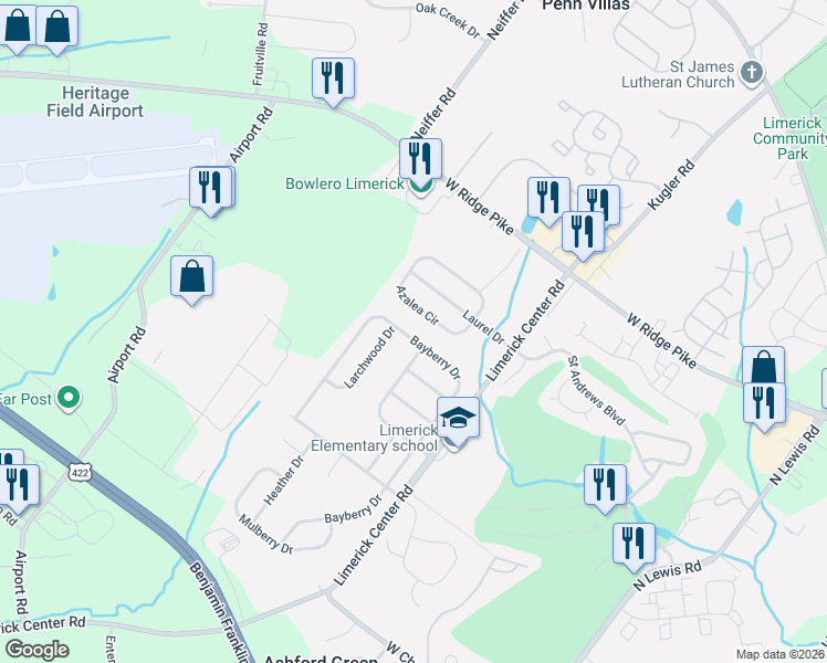 map of restaurants, bars, coffee shops, grocery stores, and more near 936 Hickory Grove Drive in Royersford