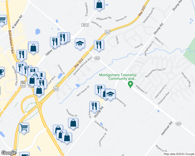 map of restaurants, bars, coffee shops, grocery stores, and more near 107 Stayman Drive in North Wales
