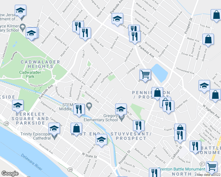 map of restaurants, bars, coffee shops, grocery stores, and more near 57 Edgemere Avenue in Trenton