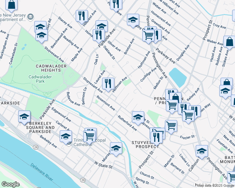 map of restaurants, bars, coffee shops, grocery stores, and more near 25 Edgemere Avenue in Trenton