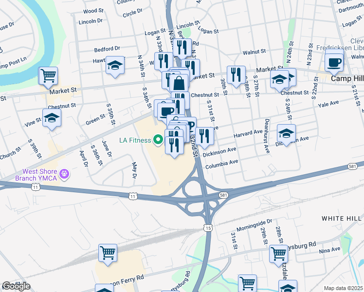 map of restaurants, bars, coffee shops, grocery stores, and more near Camp Hill Mall in Camp Hill