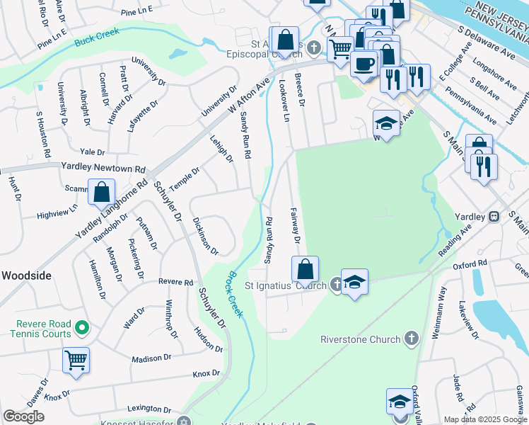 map of restaurants, bars, coffee shops, grocery stores, and more near 937 Sandy Run Road in Yardley