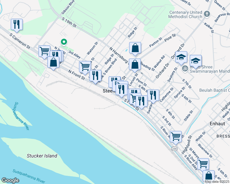 map of restaurants, bars, coffee shops, grocery stores, and more near 51 North Front Street in Steelton