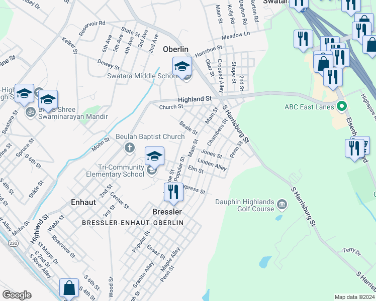 map of restaurants, bars, coffee shops, grocery stores, and more near 935 Main Street in Harrisburg