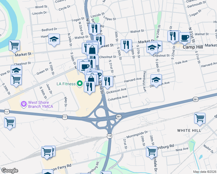 map of restaurants, bars, coffee shops, grocery stores, and more near 3105 Yale Avenue in Camp Hill