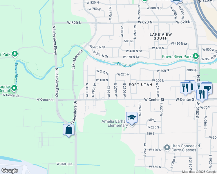 map of restaurants, bars, coffee shops, grocery stores, and more near North 2830 West in Provo