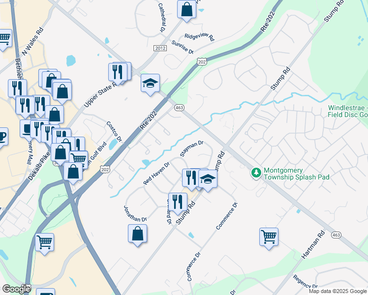 map of restaurants, bars, coffee shops, grocery stores, and more near 109 Stayman Drive in North Wales