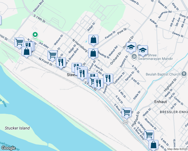 map of restaurants, bars, coffee shops, grocery stores, and more near 47 North 3rd Street in Steelton