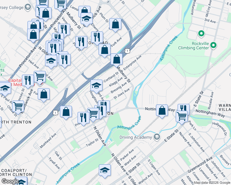 map of restaurants, bars, coffee shops, grocery stores, and more near 80 Klagg Avenue in Trenton