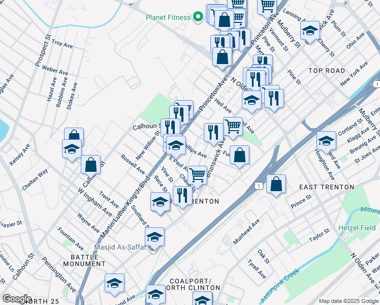 map of restaurants, bars, coffee shops, grocery stores, and more near 214 Phillips Avenue in Trenton