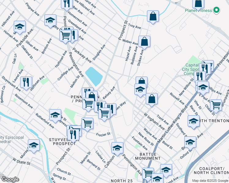 map of restaurants, bars, coffee shops, grocery stores, and more near 1 Parkway Avenue in Ewing Township