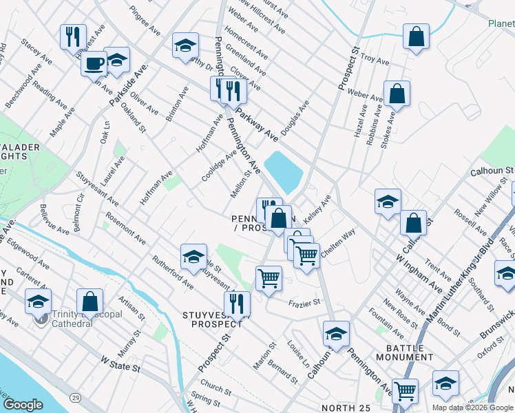 map of restaurants, bars, coffee shops, grocery stores, and more near 20 Norman Avenue in Trenton