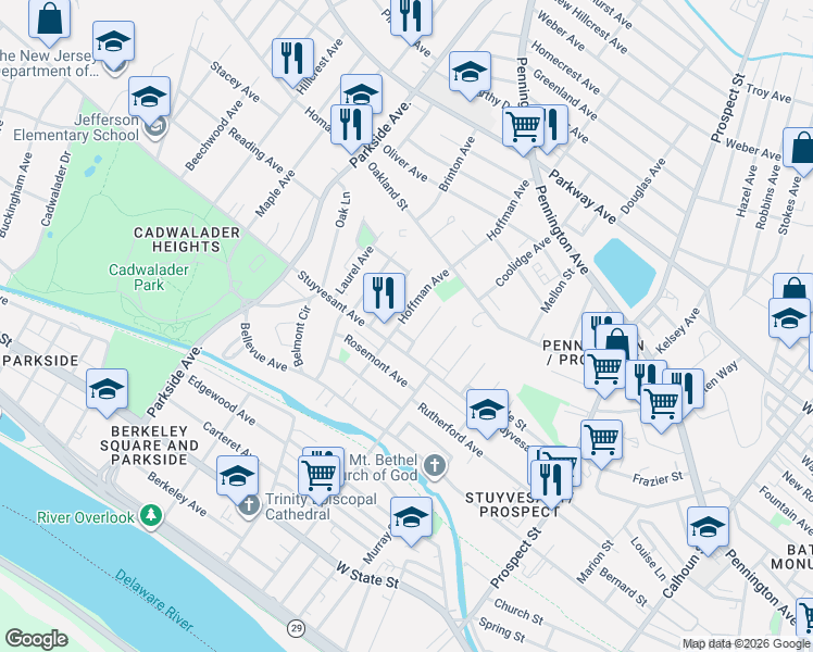 map of restaurants, bars, coffee shops, grocery stores, and more near 38 Bryn Mawr Avenue in Trenton