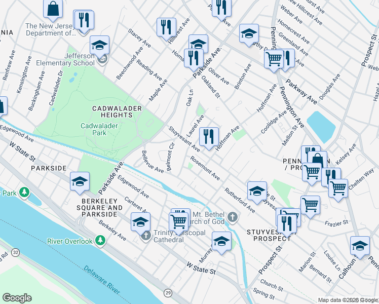 map of restaurants, bars, coffee shops, grocery stores, and more near 215 Highland Avenue in Trenton