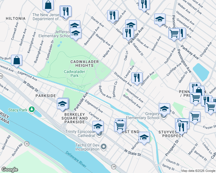 map of restaurants, bars, coffee shops, grocery stores, and more near 19 Whittier Avenue in Trenton