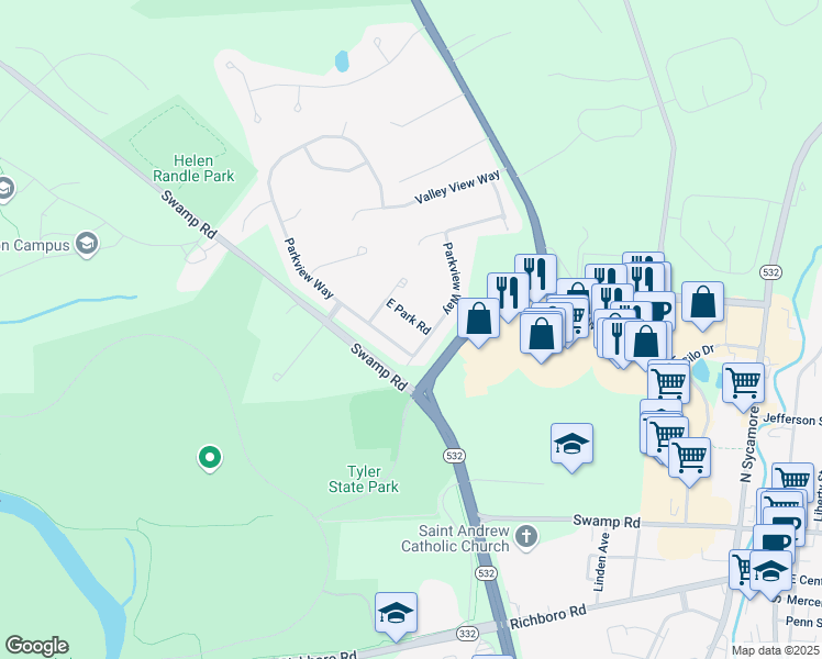 map of restaurants, bars, coffee shops, grocery stores, and more near 11 East Park Road in Newtown