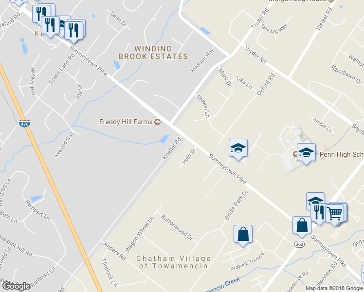 map of restaurants, bars, coffee shops, grocery stores, and more near 1503 Kriebel Road in Lansdale