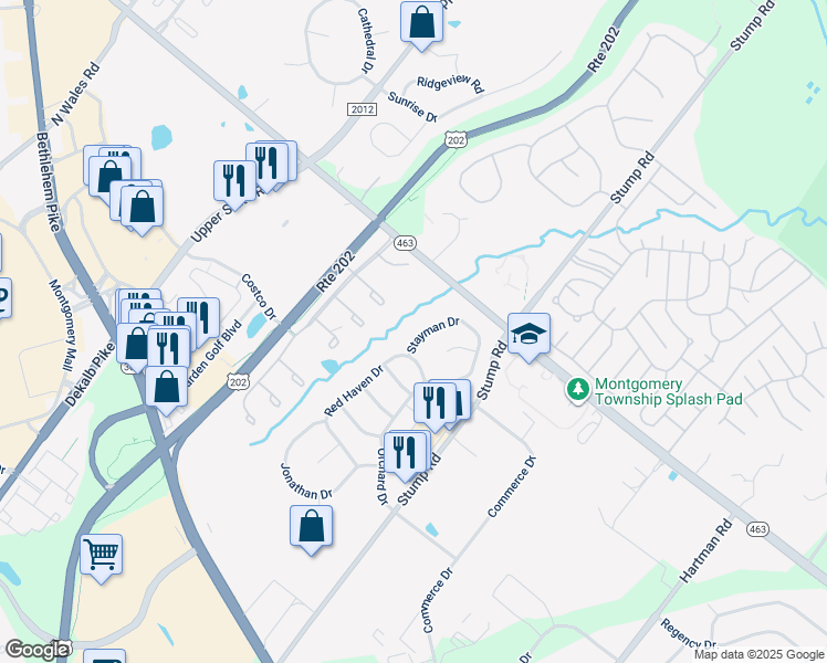 map of restaurants, bars, coffee shops, grocery stores, and more near 109 Stayman Drive in North Wales
