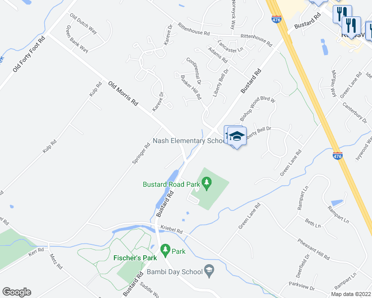map of restaurants, bars, coffee shops, grocery stores, and more near 1701 Old Morris Road in Harleysville