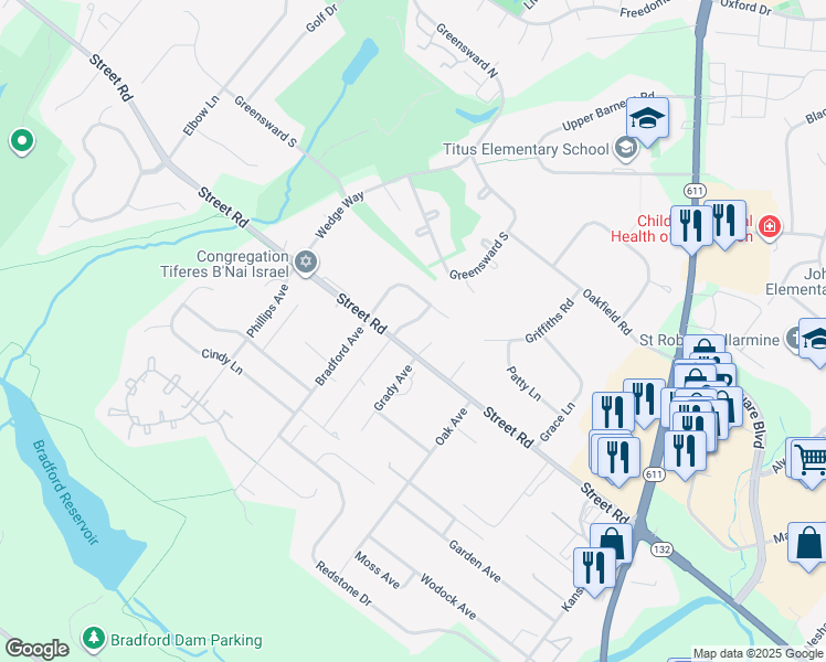 map of restaurants, bars, coffee shops, grocery stores, and more near 223 Wayside Drive in Warrington