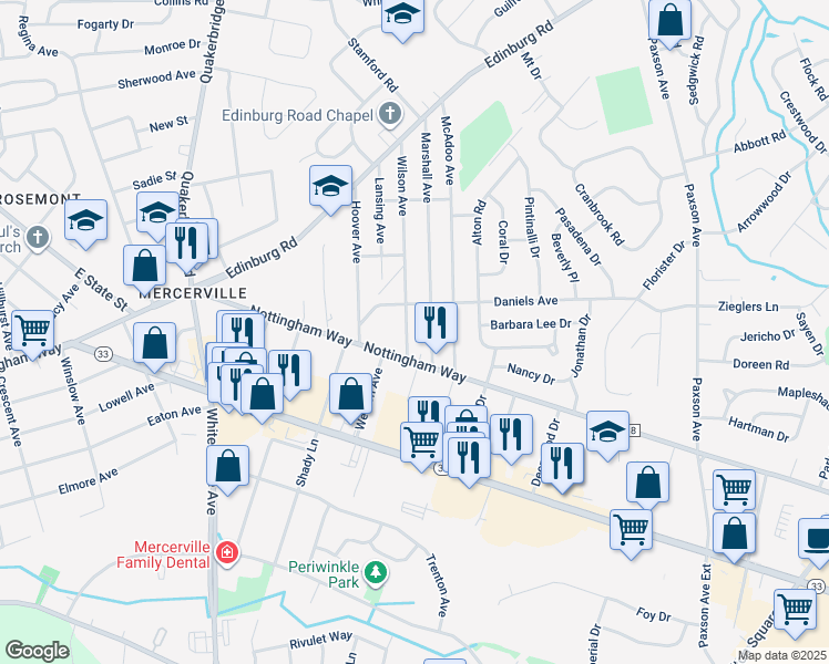 map of restaurants, bars, coffee shops, grocery stores, and more near 336 Wilson Avenue in Hamilton Township