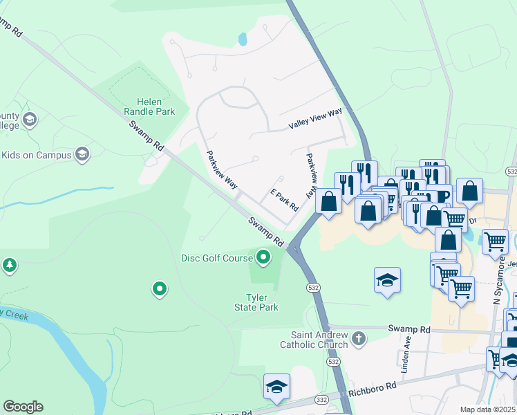map of restaurants, bars, coffee shops, grocery stores, and more near 239 Parkview Way in Newtown