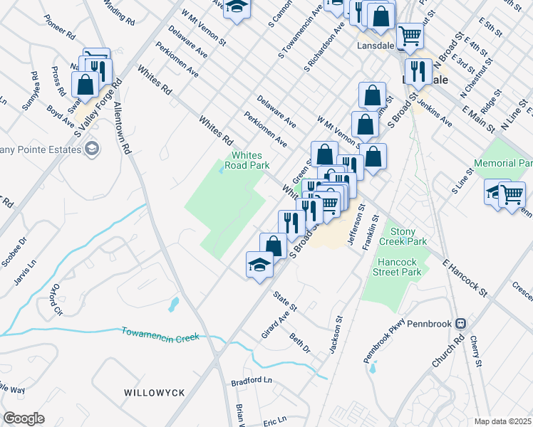 map of restaurants, bars, coffee shops, grocery stores, and more near 622 Green Street in Lansdale