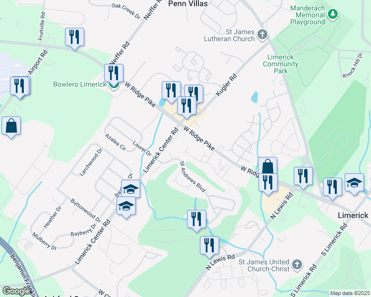 map of restaurants, bars, coffee shops, grocery stores, and more near 337 West Ridge Pike in Limerick