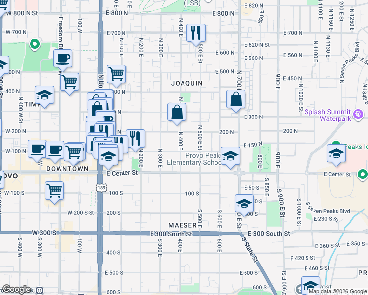 map of restaurants, bars, coffee shops, grocery stores, and more near 444 200 North in Provo