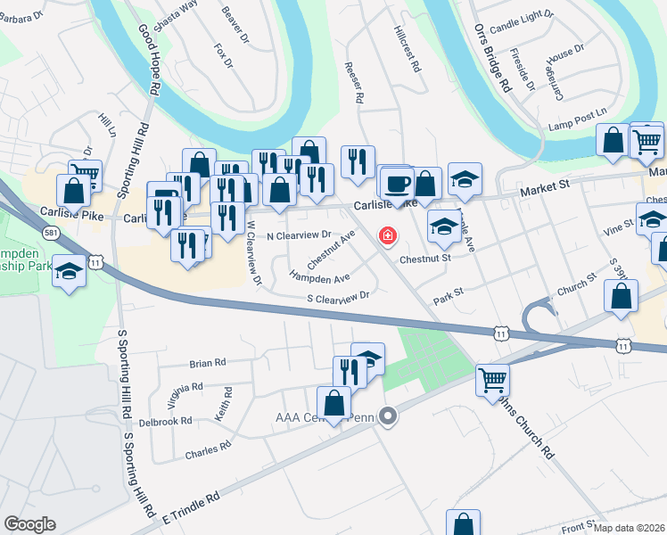map of restaurants, bars, coffee shops, grocery stores, and more near 4607 Chestnut Avenue in Camp Hill
